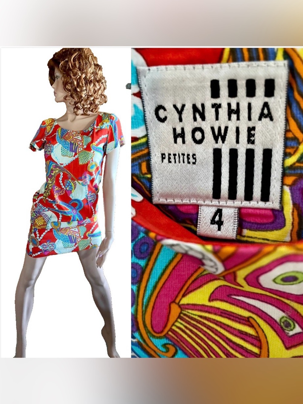 Vintage 80’s CYNTHIA HOWIE Petites  STARFISH and PEARLS Colorful Shift DRESS 4